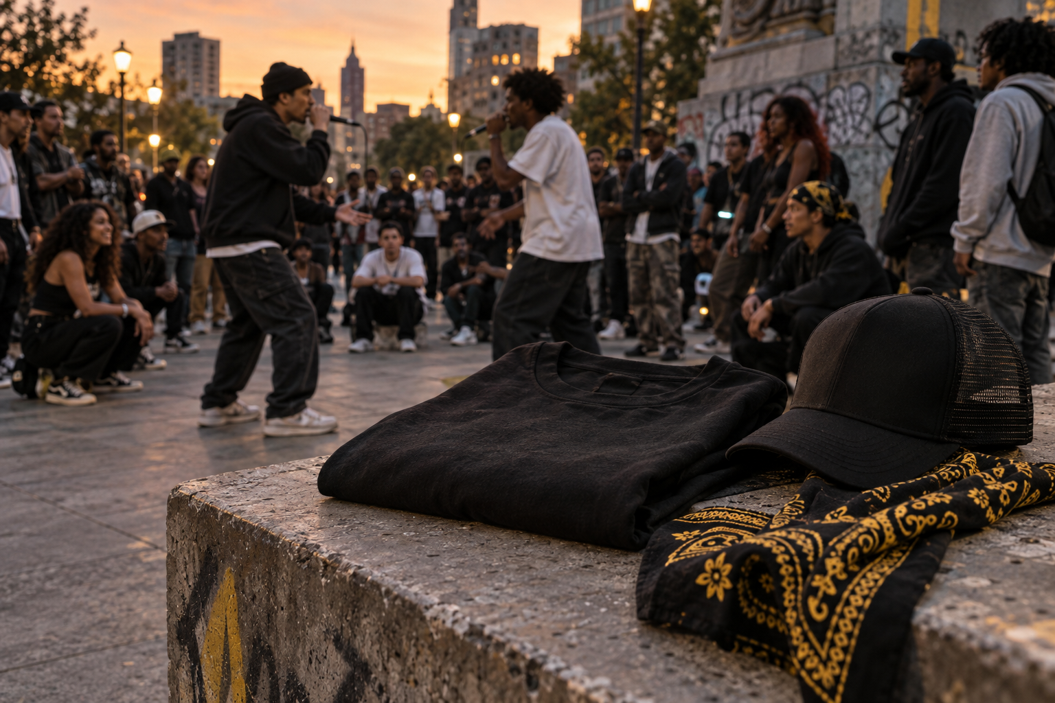 Merch urbano en una plaza durante una batalla de freestyle